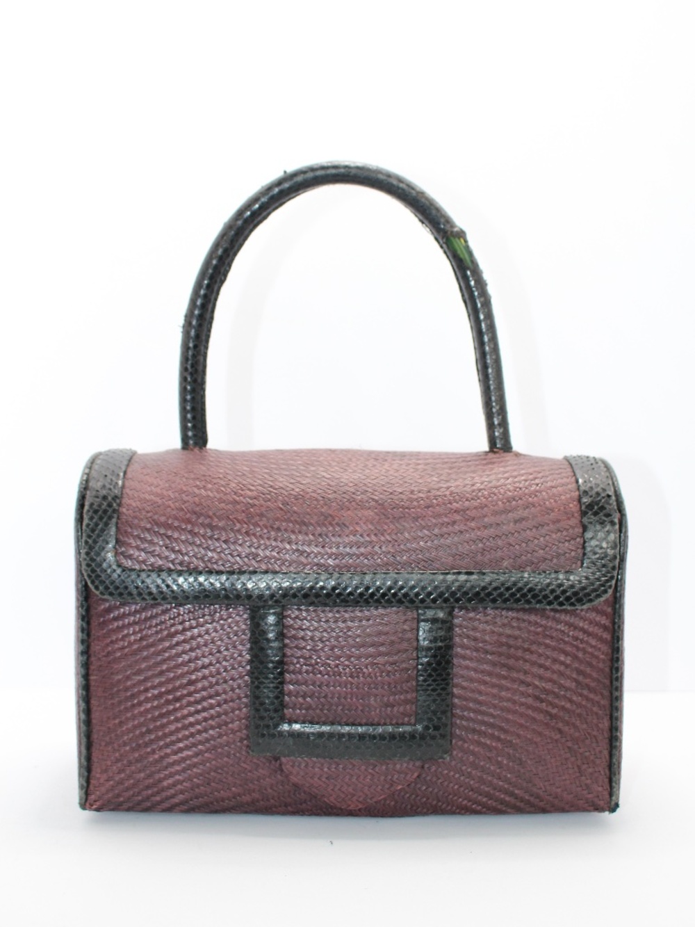 1960s Vintage Purple and Black Woven Straw & Snakeskin Top Handle Handbag